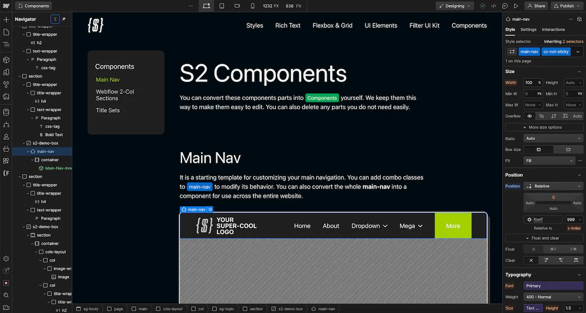 Screenshot of S2 Framework on Webflow